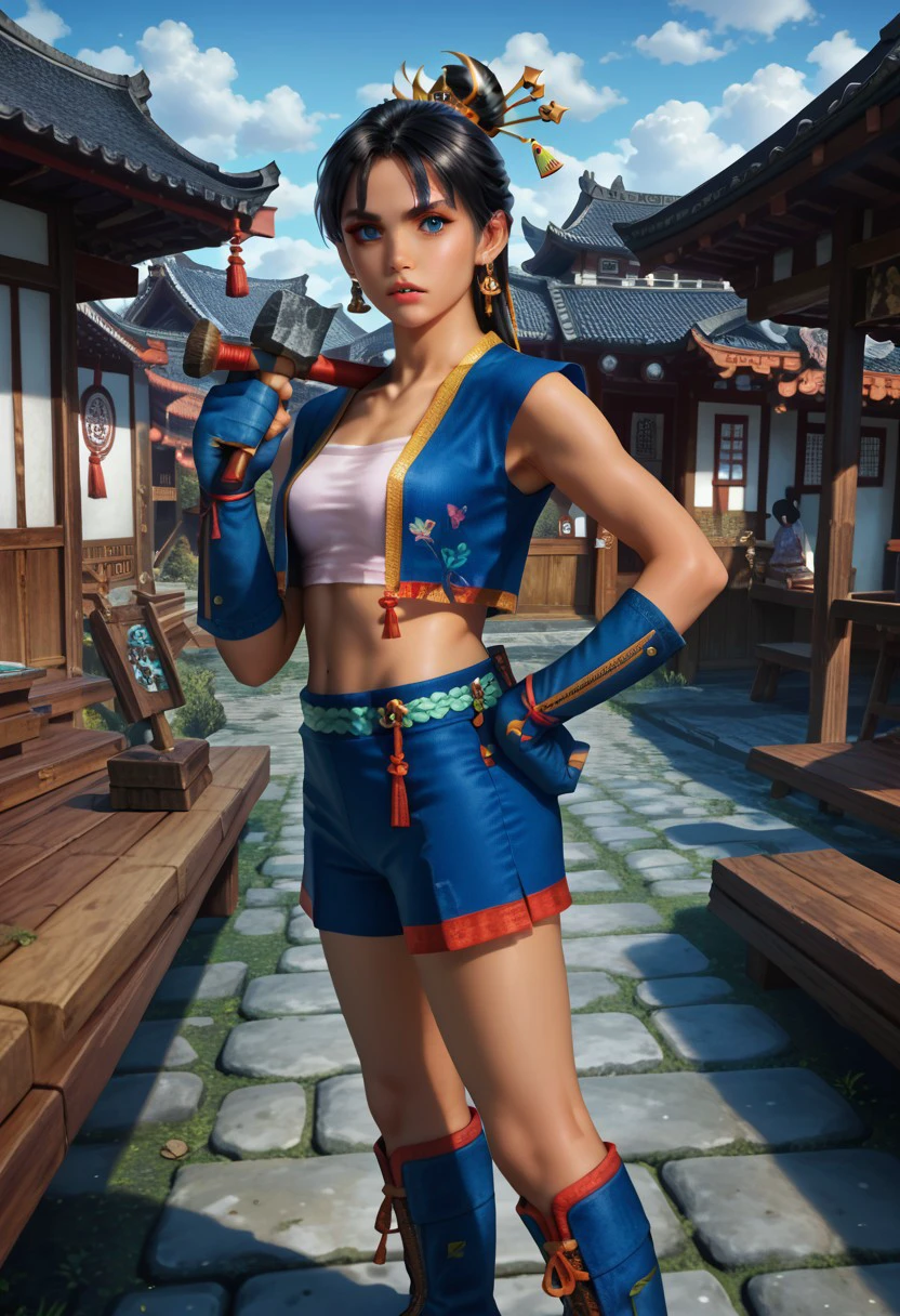 score_9, score_8_up, score_7_up,realistic,detailed illustration,1girl, from side, looking at viewer, parted lips,1girl, solo, black hair, jewelry, earrings, sarashi, midriff, gloves, boots, blue eyes,japanese village, sky, holding a hammer