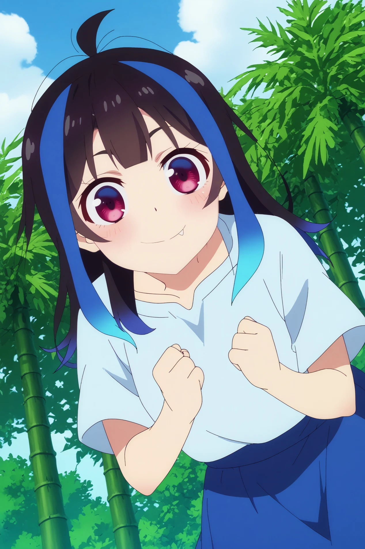 mini yaemori,1girl,solo,blue hair,multicolored_hair, shirt,streaked_hair, fang,bangs,white shirt,long hair,blush,smile,looking at viewer,skirt,leaning forward,dutch angle,upper body,good_hands
BREAK
outdoors,bamboo_forest,bamboo,blue sky,cloudy sky,sunshine


<lora:Mini_Yaemori_-_Rent-A-Girlfriend.safetensors:0.8>