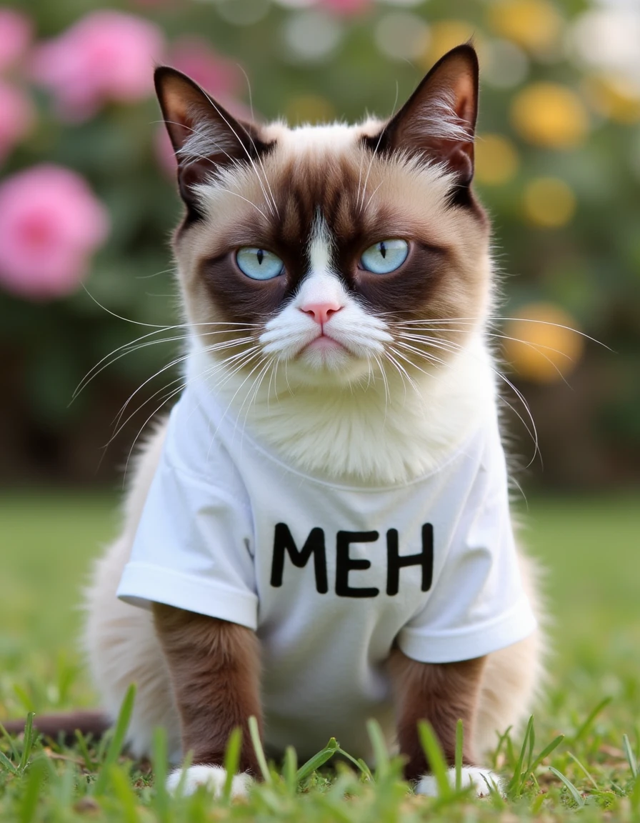 masterpiece, top quality, best quality,  ,extreme detailed, colorful, highest detailed, A photorealistic image of grumpycat <lora:grumpy-flux-08:1>, blue eyes, grumpy-looking cat, decidedly annoyed face, furrowed brows, exasperated look, sitting on grass, wearing a white tshirt with text "MEH",  flowers in background