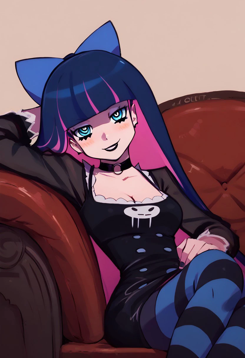 score_9, score_8_up, score_7_up, pretty girl, vivid bright colors, 
patStocking, stocking anarchy, blue eyes, blue hair, colored inner hair, hair bow, long hair, multicolored hair, pink hair, two-tone hair, bangs, blunt bangs, striped thighhighs, 
goth, black lipstick, choker, dyed hair, tight dress, 
 blush, looking at viewer, 
 smile, cleavage, 
couch, modeling, sitting on couch, leaning back, head tilt, smirk, detailed eyes,