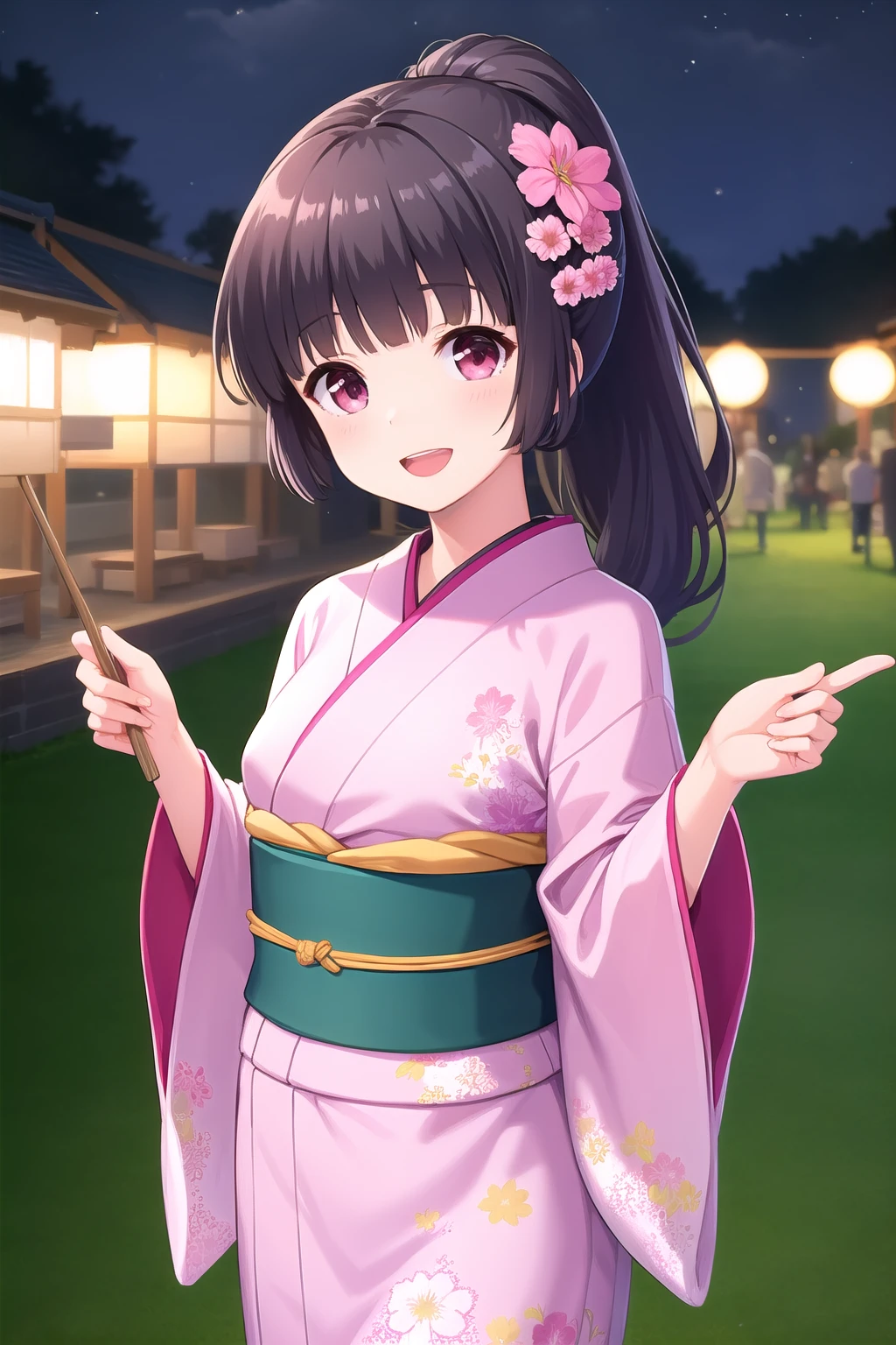 (masterpiece, best quality), highly detailed background, perfect lightingbest quality, morizonomei, solo, outdoors, night, summer festival, dark purple hair, ponytail, flower hair ornament, blunt bangs, long hair, pink eyes, small breasts, pink kimono, wide sleeves, obi, sash, japanese clothes, smile, open mouth, :d, pink lips, <lora:Morizono-Mei:0.7>