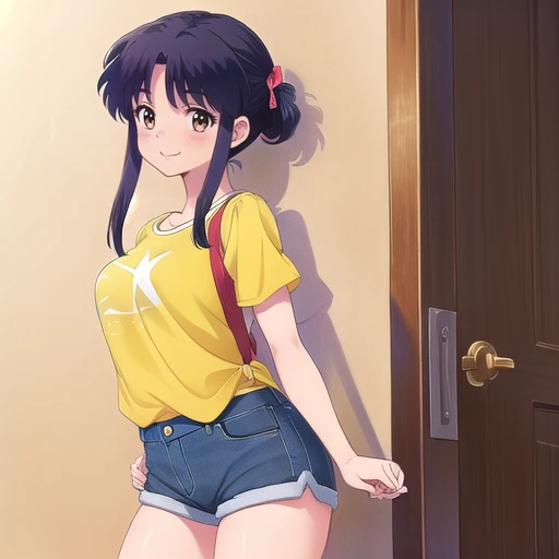 professional illustration, masterpiece, sexy, medium breasts, brown eyes, Akanechan., smile, blush<lora:Akane2024-03:0.7>, denim shorts, yellow loose blouse