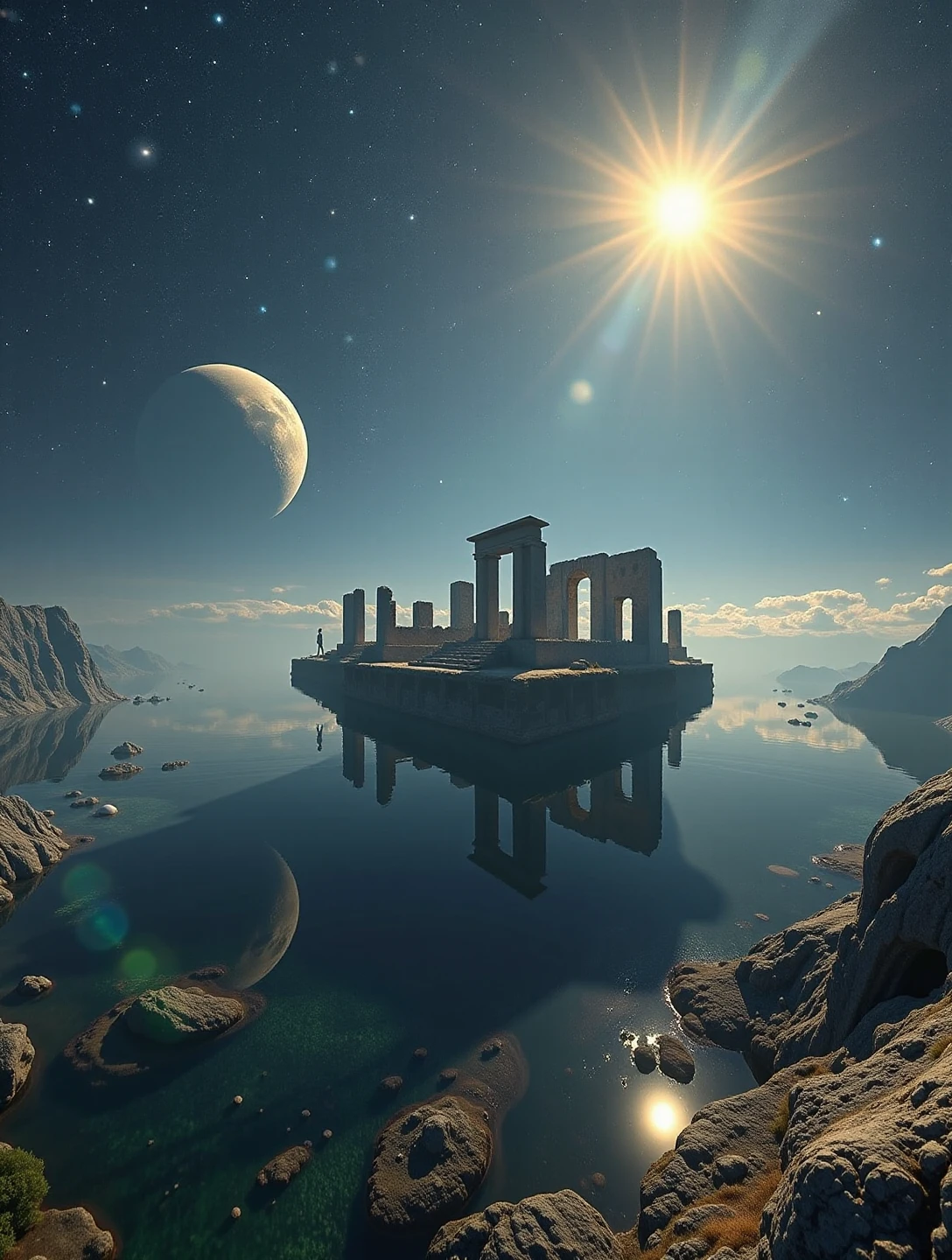 Floating ruins of an ancient civilization suspended in an endless cosmic ocean, with planets and stars reflecting in the water. The ruins glow faintly with ancient energy, casting long shadows across the water. Soft starlight illuminates the scene, creating an eerie, tranquil mood.


(skybox hdri vr 360 panorama panoramic (seamless:2):2)