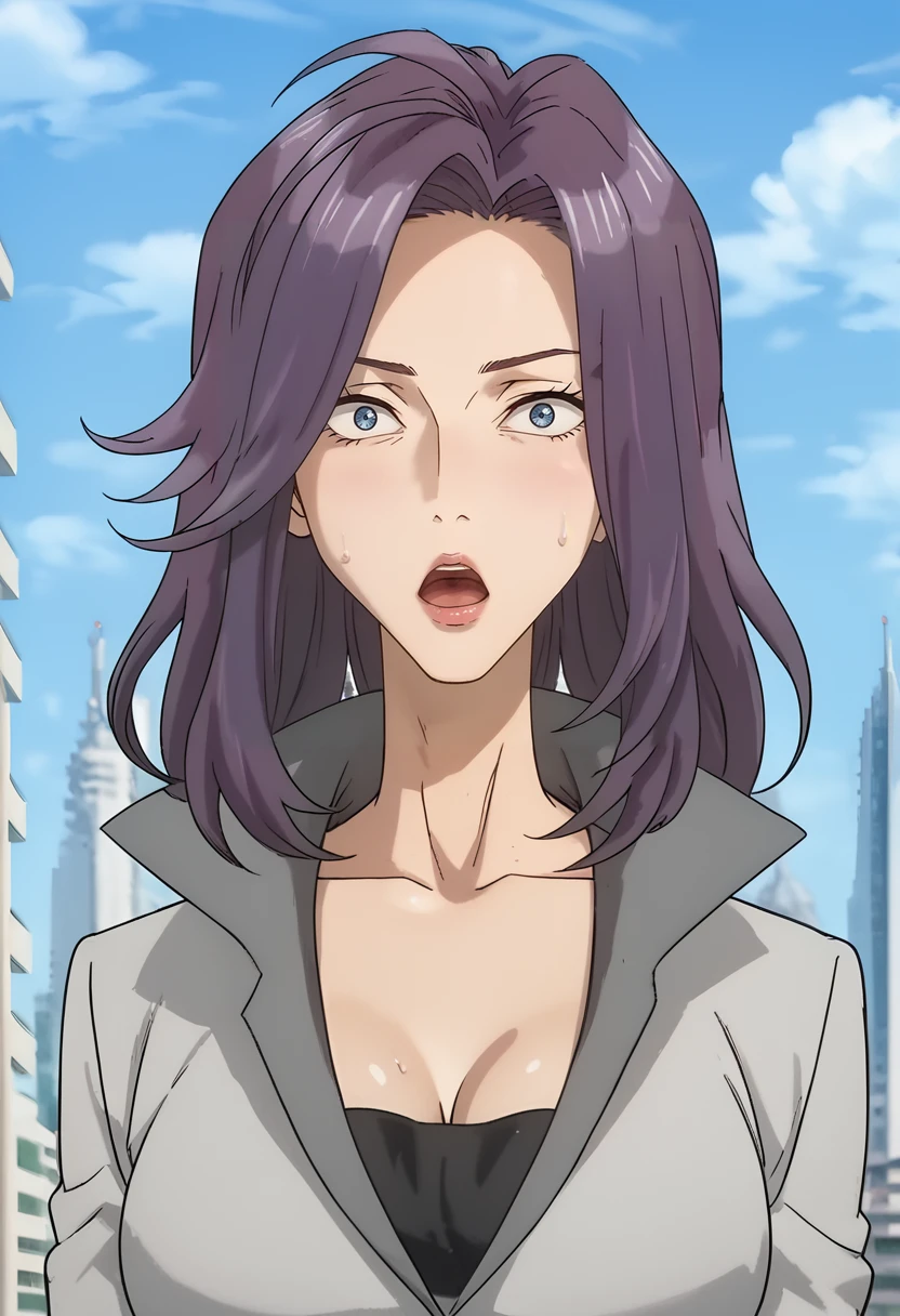 score_9, score_8_up, score_7_up, score_6_up, score_5_up, 1girl, <lora:Tamiya_Ryoko_-_Parasyte:0.9> Tamiya Ryoko, blue eyes, purple hair, medium hair, swept bangs, small iris, grey jacket, black shirt, grey skirt, pencil skirt, formal, suit, office lady, messy hair, slim legs, slim body, sexy, female focus, fantasy, expressive, sweat, skindentation, masterpiece, 32K HD, beautiful attention to detail, detailed eyes, shiny skin, showing lots of skin, wide lens, perfect hands, perfect eyes, 2d, anime, source_anime, anime screencap, hentai, source_hentai, flat shadows, anime coloring, flat colors, looking at viewer, zPDXL2, zPDXLxxx, mature content, nsfw, rating explicit, surprised, blush, open mouth, clothed female, cleavage, uncensored, outdoors, city, upper body, cowboy shot, portrait, holding, holding book,
