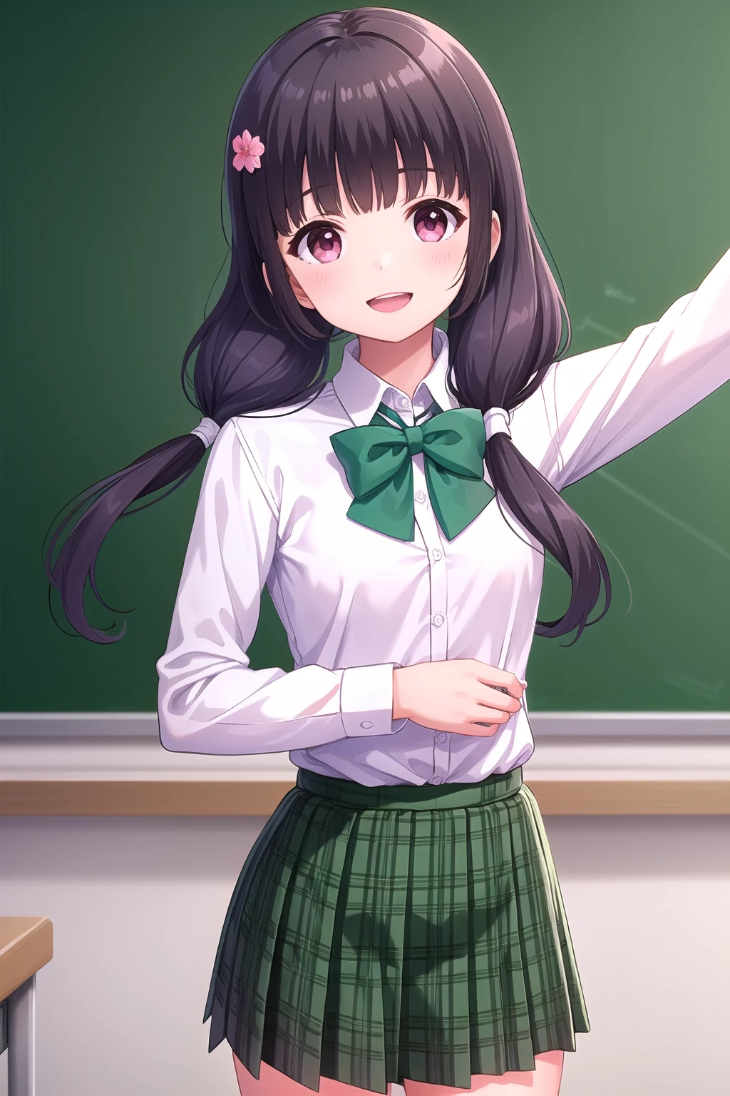 (masterpiece, best quality), highly detailed background, perfect lightingbest quality, morizonomei, solo, indoors, classroom, dark purple hair, flower hair ornament, blunt bangs, low twintails, hair over shoulder, long hair, pink eyes, small breasts, green bowtie, collared shirt, white shirt, long sleeves, green skirt, plaid skirt, school uniform, smile, open mouth, :d, pink lips, <lora:Morizono-Mei:0.7>