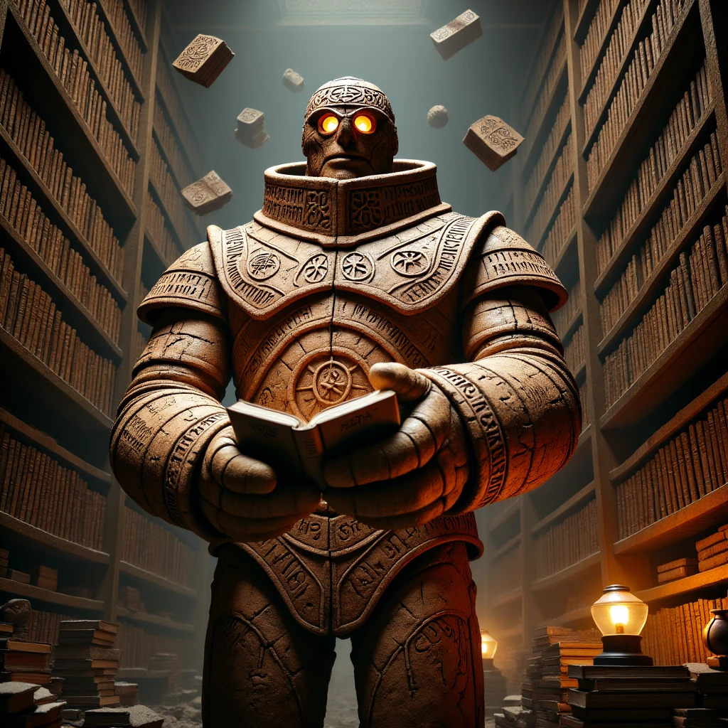 Imagine an image in the style of cinematic photorealism: A massive golem made from fired clay and pottery stands among towering bookshelves in a quiet, magical library. His clay skin, cracked and etched with ancient symbols, glows softly under the warm light. His custom-made City Watch uniform fits his pottery-like body, and his glowing eyes carefully scan the rows of ancient tomes. Dust swirls gently in the air as he picks up a book with his large pottery hands, handling it with delicate precision. The room is bathed in a mystical glow as books float and symbols flicker in the air around him.