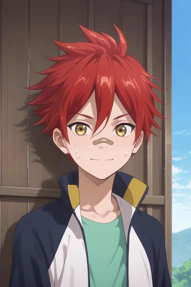 score_9, score_8_up, score_7_up, score_6_up, aizen kunitoshi, red hair, yellow eyes, bandai on nose, hanamaru style, blue with white jacket, green shirt, 1boy, male focus, bandaid, bandaid on face, solo, bandaid on nose, jacket, smile, track jacket, open jacket, sweatdrop, upper body, jitome