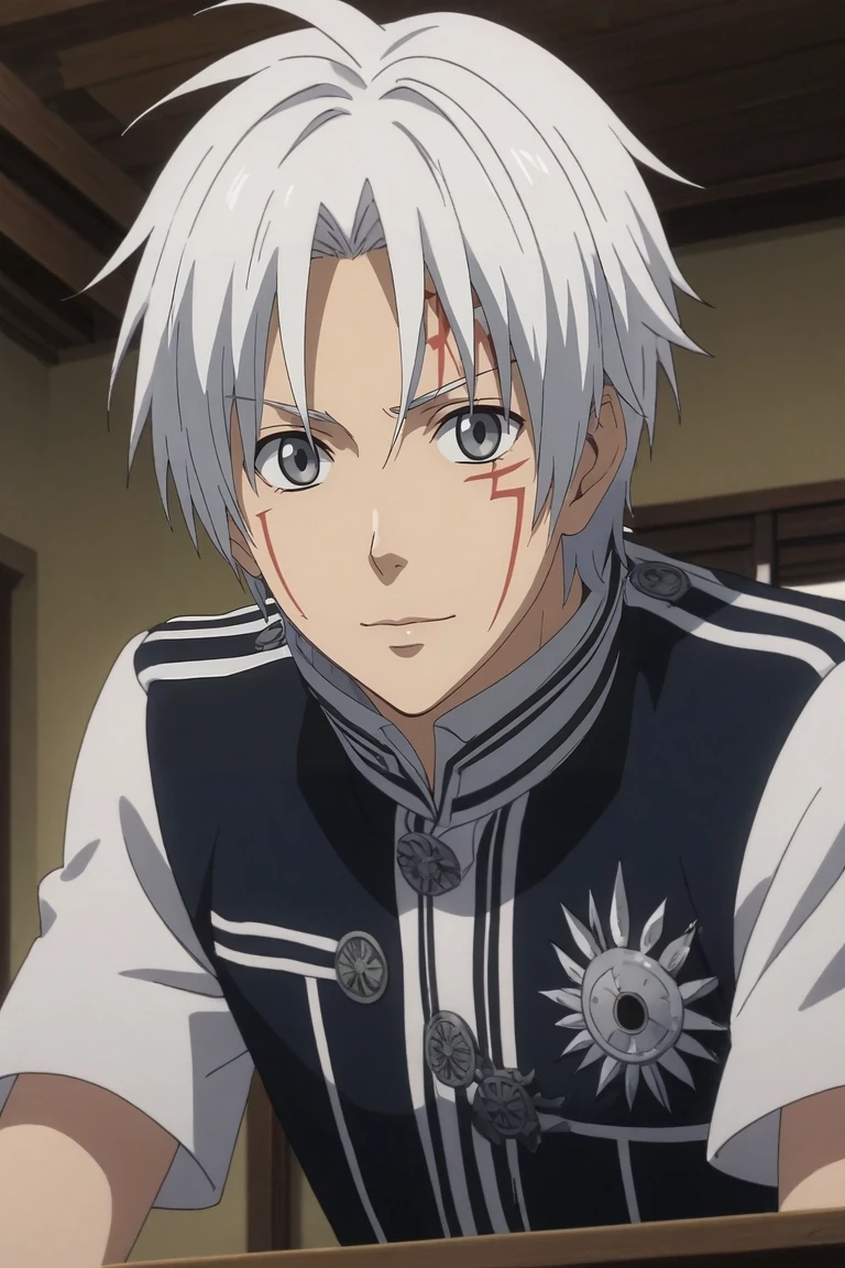 score_9, score_8_up, score_7_up, , rating_safe, , anime screencap, anime coloring, , , , 1boy, solo, male focus, <lora:allen_walker_pony:0.9>, allen_walker, white hair, grey eyes, short hair, , facial mark, from below, armory, indoors, leaning forward, seductive smile, , <lora:sdxl_lightning_8step_lora:1>