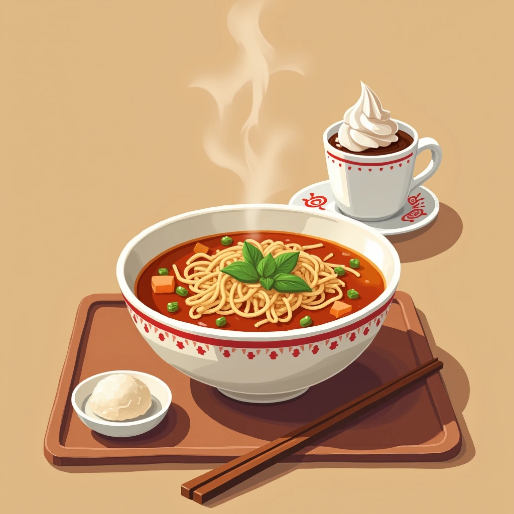 illustation,A delightful meal scene featuring a bowl of pho,coffee with ice and cream on top.,