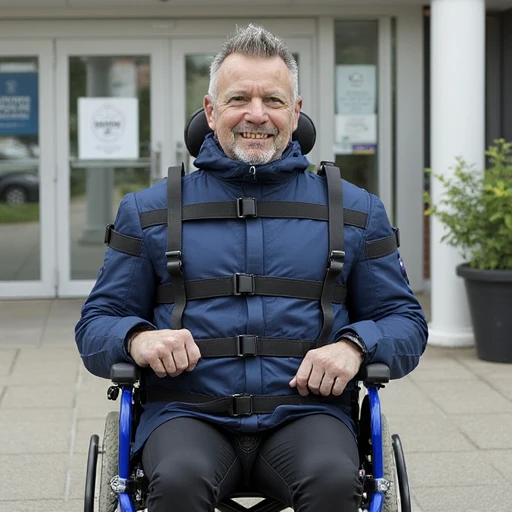 a 35 year old man wearing a Maxcita Transport Jacket is sitting in a blue wheelchair, he is tightly restrained within the jacket, he smiles to the camera