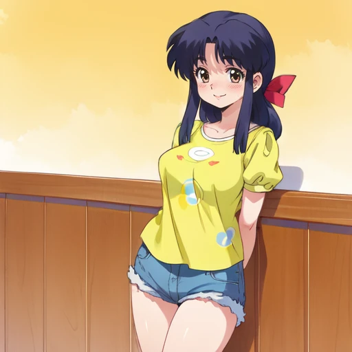 professional illustration, masterpiece, sexy, medium breasts, brown eyes, Akanechan., smile, blush<lora:Akane2024-03:0.7>, denim shorts, yellow loose blouse, hair bow