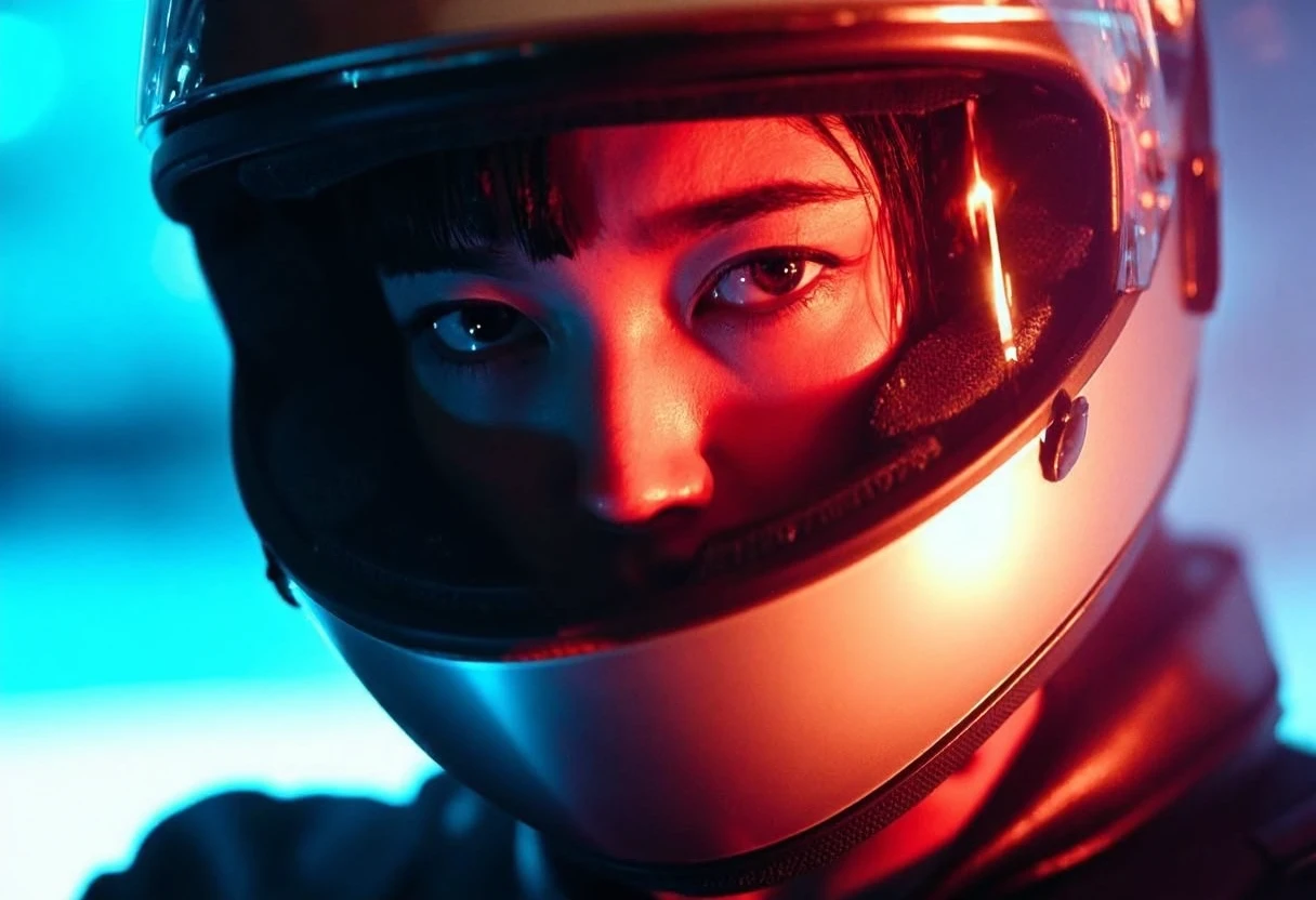 Young woman, visible through a motorcycle helmet, Asian descent, late teens to early 20s, intense expression, minimal makeup highlighting sharp features, straight dark bangs peeking under helmet, reflective helmet with a transparent visor, red and blue ambient lighting casting dynamic shadows on her face, futuristic style, blurred and neon-colored background suggesting a high-tech environment, dramatic lighting, cinematic, wide-angle lens., 