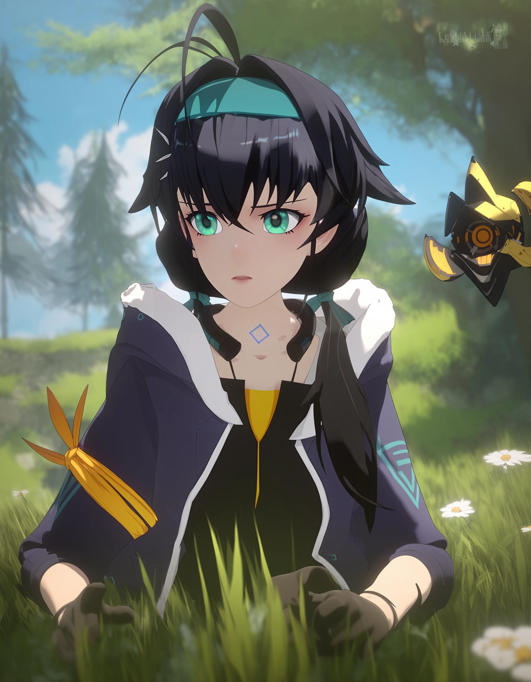 score_9,score_8_up,score_7_up,source_anime,<lora:ykzg_pony:1>,1girl,1boy,hairband,jacket,gloves,black hair,outdoors,blue hairband,tree,robot,black shirt,ahoge,shirt,fur trim,black gloves,green eyes,twintails,long hair,fur-trimmed jacket,blue jacket,open jacket,bandaid,open clothes,mask,holding,short hair,grass,