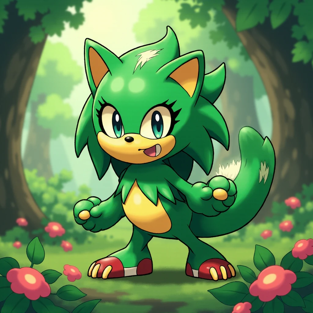 A fluxfakemon based on Sonic the Hedgehog with green skin and flowers in his fur. He is in a lush forest. <lora:Flux_Fake_Pokemon:0.8>