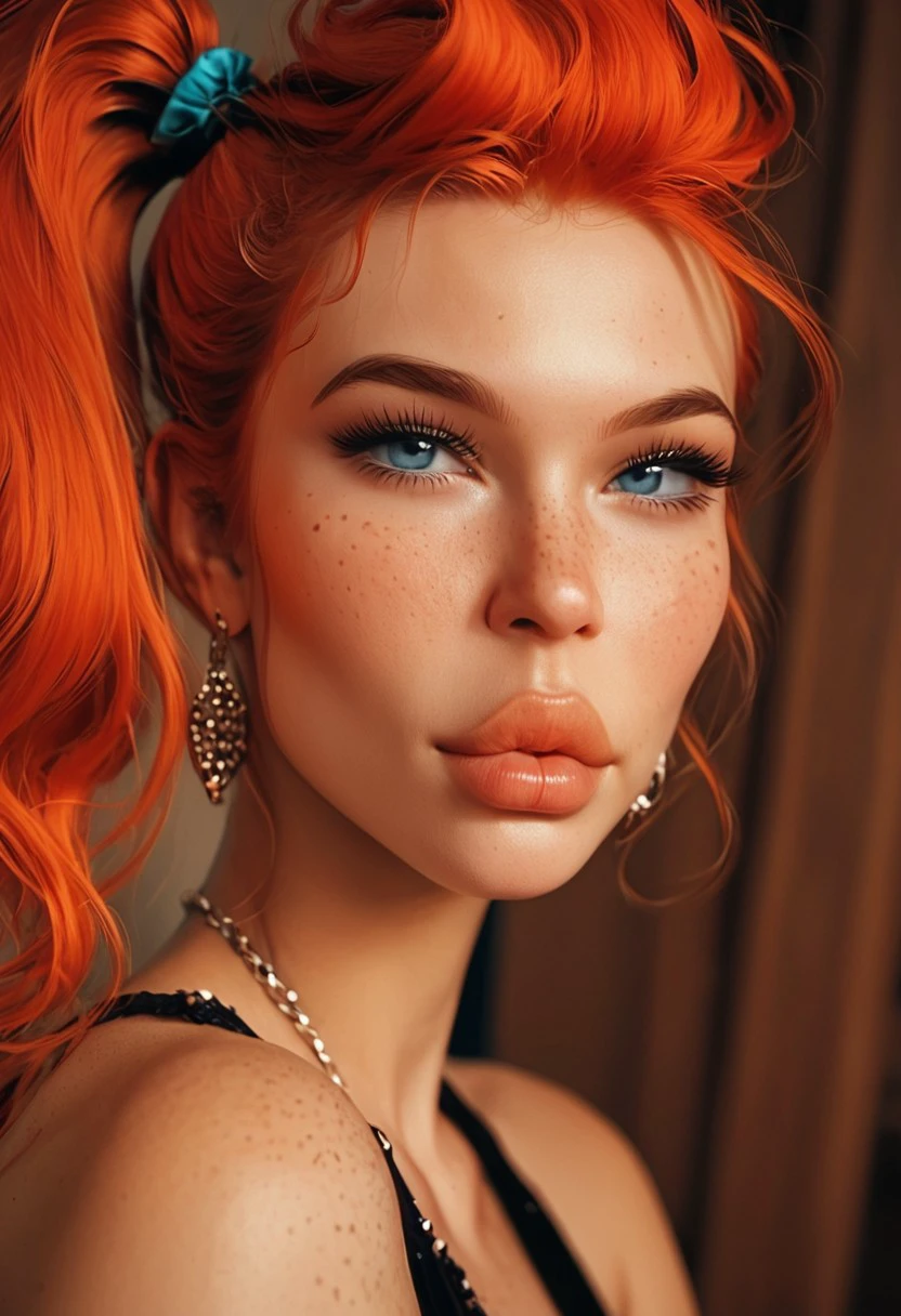 score_9, score_8_up, score_7_up, score_6_up, Chloe_C&C, 1girl, gorgeous girl , Red hair, Side ponytail, freckles, perfect face, perfect eyes, sexy, sexy girl, beautiful eyes, petite body, perfect cute face, punk girl , cute face ,beautiful eyes, ,black crop top, high quality, realistic, face focus, (thicc lips, plump lips, full lips, lip filler, bimbo lips), winged eyeliner, blue eyes