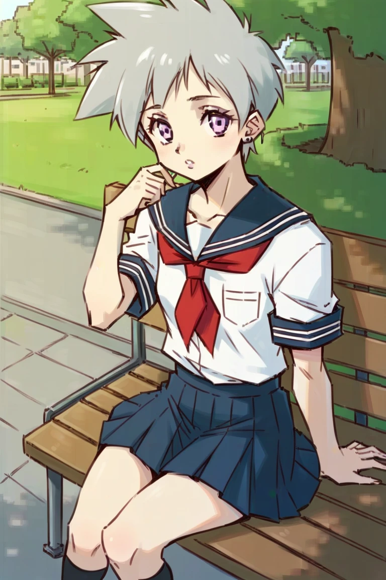 1girl,solo. silver hair,purple eyes, school uniform  score_8_up, score_9_up, short spiky hair, , small breasts, sitting down on park bench, outdoors, trees