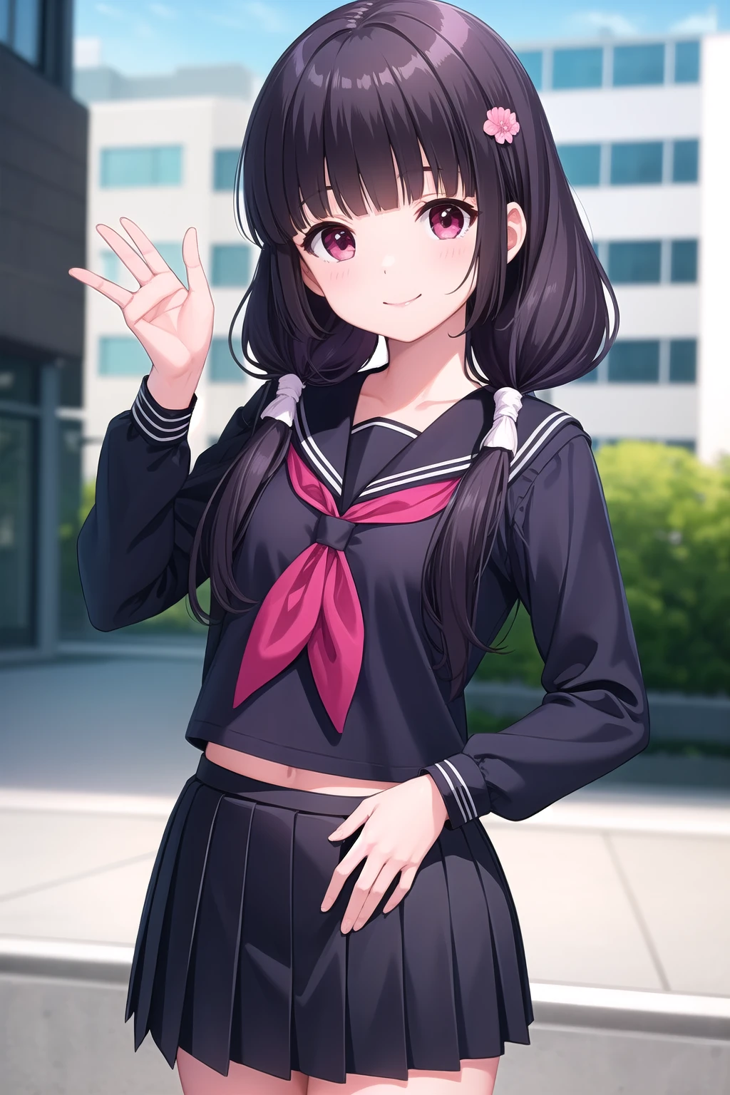 (masterpiece, best quality), highly detailed background, perfect lightingbest quality, morizonomei, solo, outdoors, city, dark purple hair, flower hair ornament, blunt bangs, low twintails, hair over shoulder, long hair, pink eyes, small breasts, black serafuku, black shirt, white sailor collar, red neckerchief, long sleeves, black skirt, pleated skirt, school uniform, smile, closed mouth, :), pink lips, <lora:Morizono-Mei:0.7>