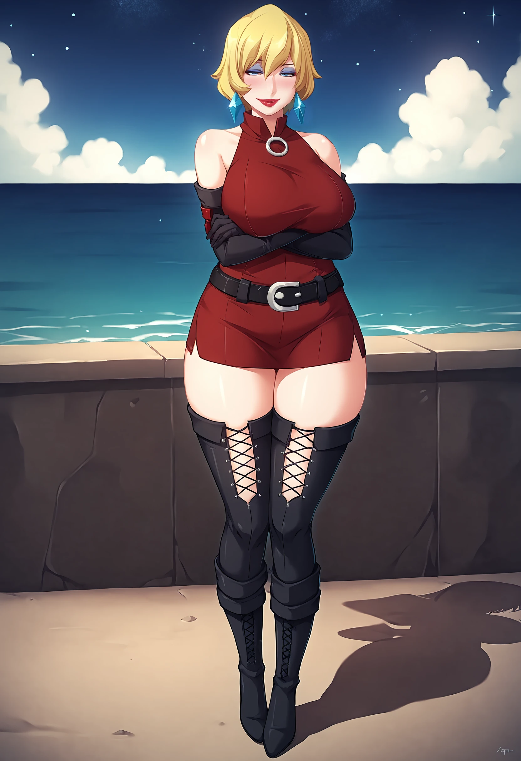 score_9, score_8_up, score_7_up, score_6_up, shadow, dark, 5 fingers,
Ichijou Shizuka, a girl is standing, crossed arms, full body, legs together, close-up,
1girl, mature female, solo, solo focus,
looking at viewer, blush, light smile, seductive smile,
blonde hair, short hair, blue eyes, makeup, eyeshadow, lipstick, lips, mole under mouth, earrings,
bare shoulders, red dress, short dress, elbow gloves, black gloves, black thighhighs, cross-laced legwear, turtleneck, cross-laced footwear, knee boots, belt,
huge breasts, thick thighs,
outdoors, island, jungles, night, ocean, starry sky,
<lora:Ichijou Shizuka3216PDXL:1>