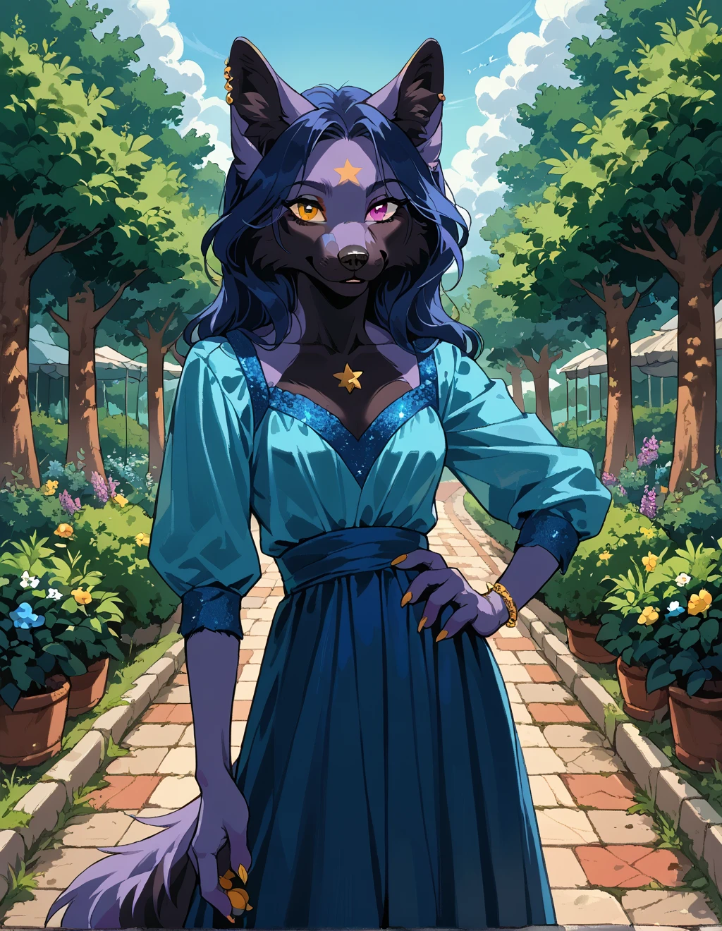 score_9, score_8_up, score_7_up, <lora:OrbitFox:1> orbitfox, fox, female, skinny, solo, anthro, heterochromia, furry, dress, hand on hip, daytime, outdoors