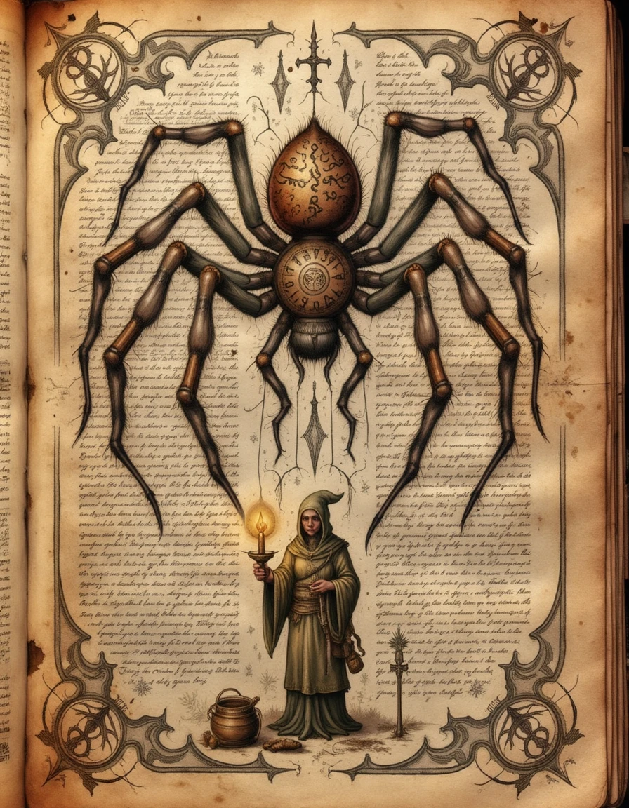 <lora:codex_arcanum_v20-360:1>, spllbkpg, An ancient manuscript displays a giant spider with a body covered in rune-like patterns. Its legs extend outward, reaching the edges of the page as if trapping the scene within its web. Below the spider, a figure draped in a robe holds a candle, casting shadows across the page. The border is filled with interwoven web designs and symbols associated with darkness and mystery. The aged paper has small tears and spots, giving it the appearance of an artifact that has endured centuries.