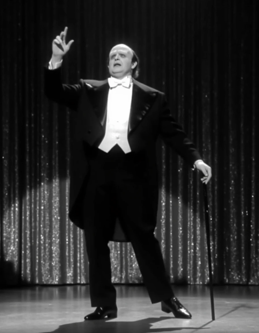 <lora:The_Monster_Flux_Young_Frankenstein:1> black and white photo, them0nster, the ritz, tuxedo on a stage in a old time theater house, holding a cane dancing