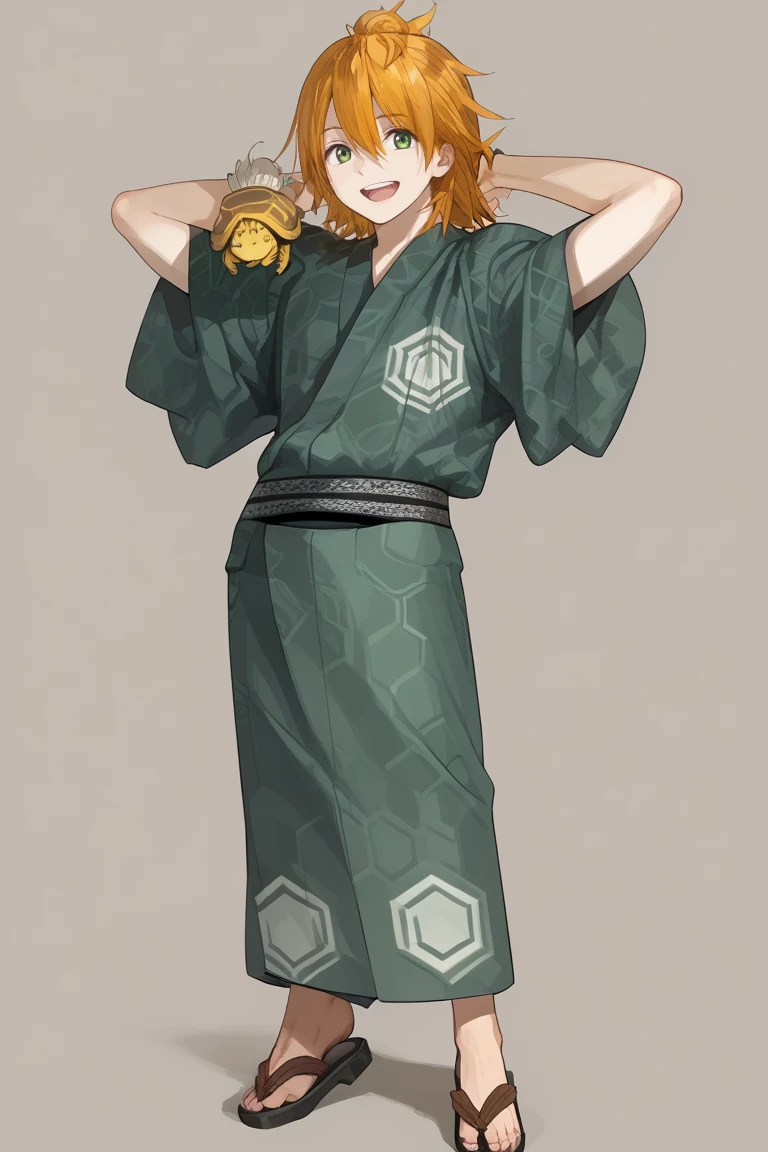 score_9, score_8_up, score_7_up, score_6_up, urashima kotetsu, orange hair, green eyes, hanamaru style, japanese clothes, 1boy, male focus, solo, turtle, sandals, open mouth, smile, kimono, full body, arms behind head, yukata, simple background,flower