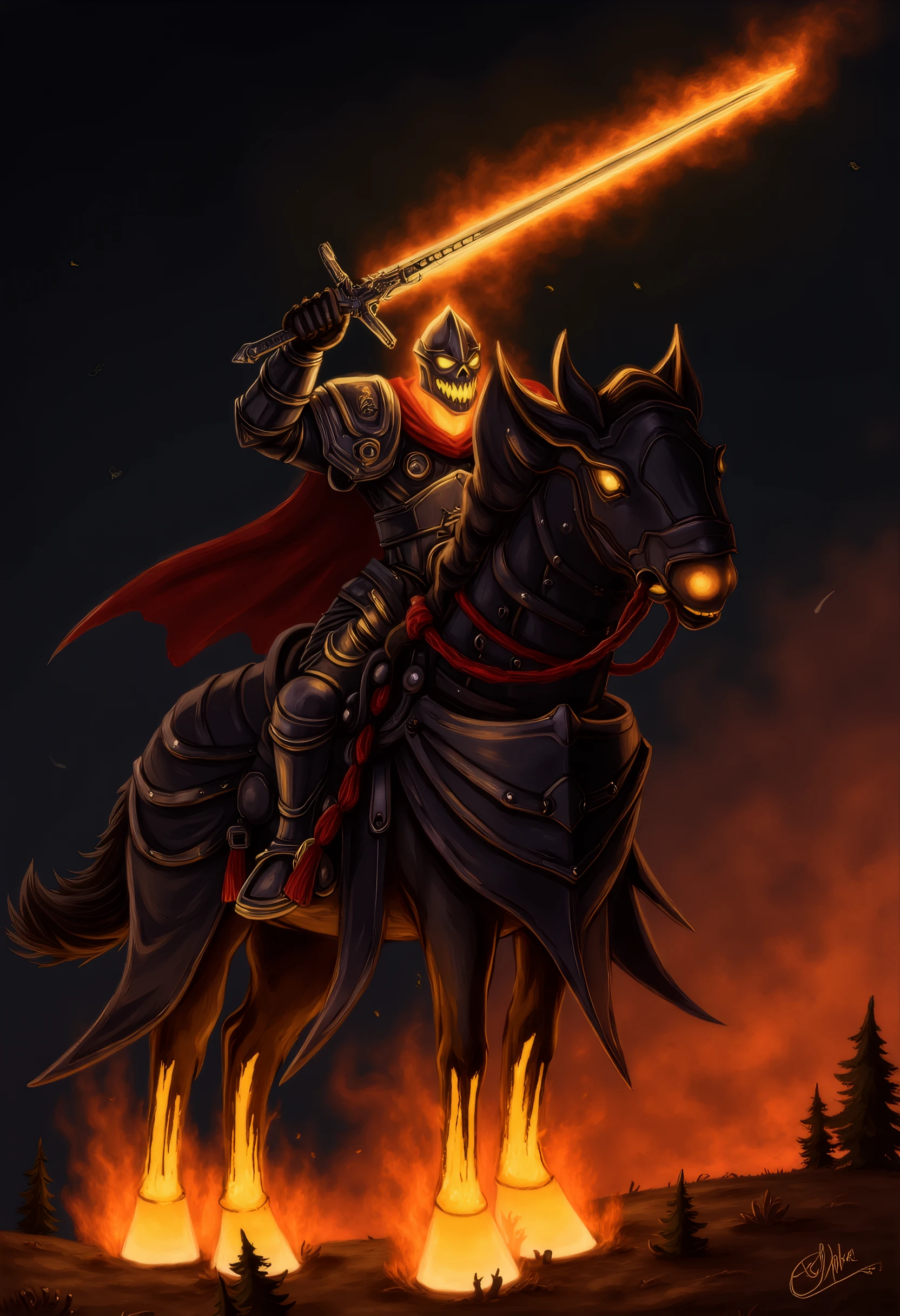 wow_headlesshorseman, skeletal design, This digital drawing depicts a fantastical, giving an eerie, adding to its eerie appearance., skeletal design. The flames are also visible on the horse, This is a vibrant, and is detailed with intricate designs and textures that evoke a medieval fantasy aesthetic., is holding a flaming sword that emits bright, luminescent effect. The knight wields a sword with a glowing blade, revealing sharp teeth.