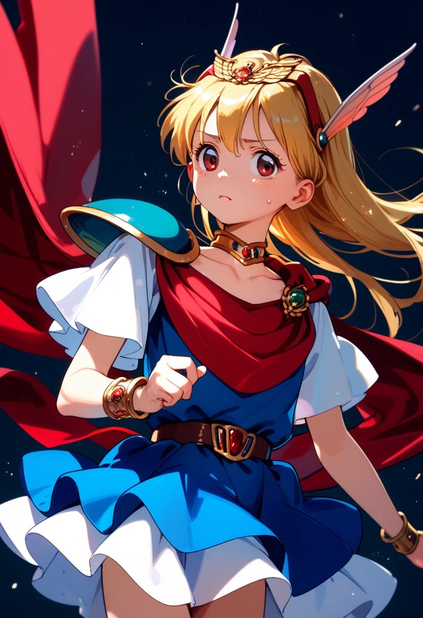 score_9, score_8_up, score_7_up, score_6_up, anime_lineart
1girl, solo,
<lora:chacha magical princess:1>, chacha magical princess, blonde hair, jewelry, dress, bracelet, cape, brown eyes, red eyes, tiara, skirt, choker, shoulder armor, hairband, armor, belt, pauldrons
sweat,