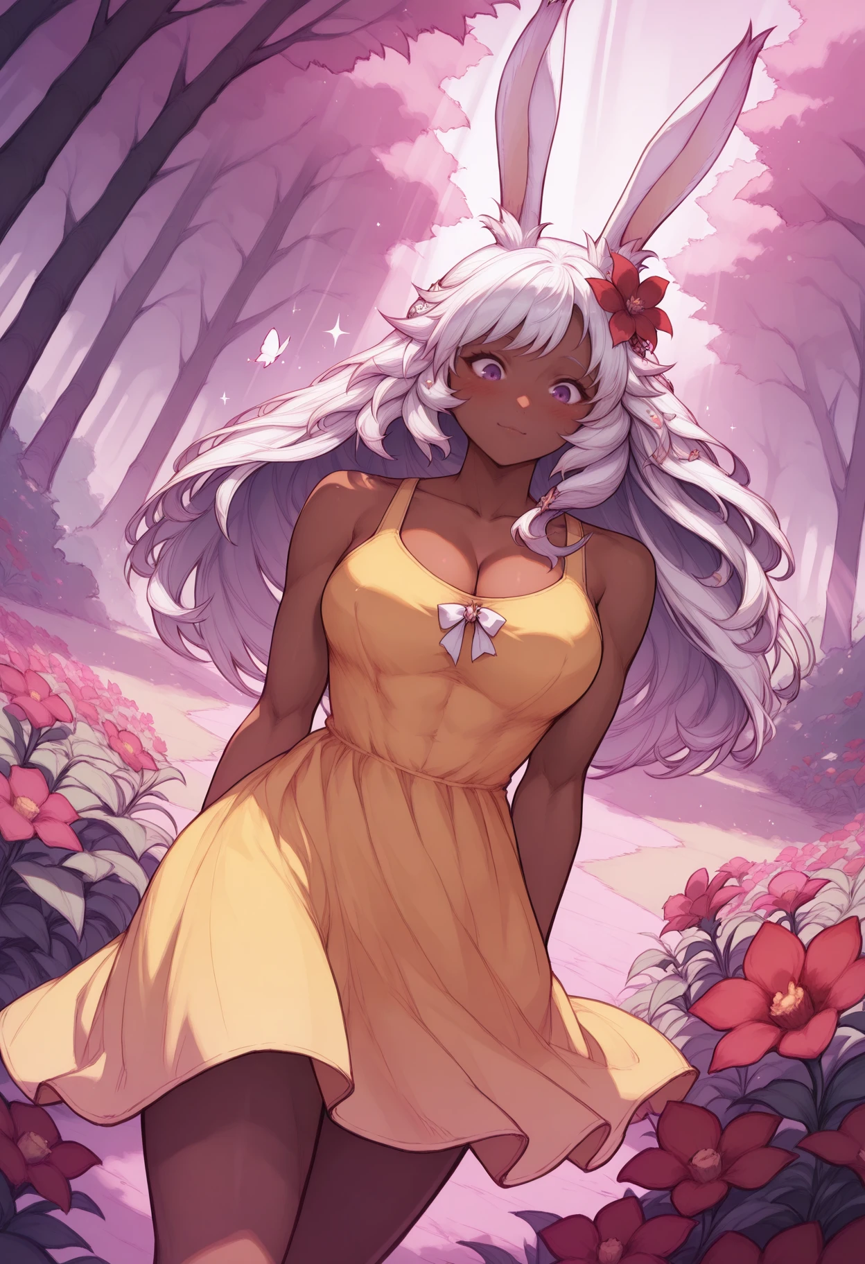 masterpiece, best quality, 1girl, toned,  
viera, dark-skinned female, white hair, long hair, purple eyes,
yellow sundress, sleeveless, cleavage, hair flower, red flower in hair, hair ornament,
looking down, blush, light smile, dynamic pose, dynamic pose,
outdoors, garden, forest, flowers, butterfly, pink theme, sunbeam, sparkle, light rays, glint, cowboy shot, dutch angle,