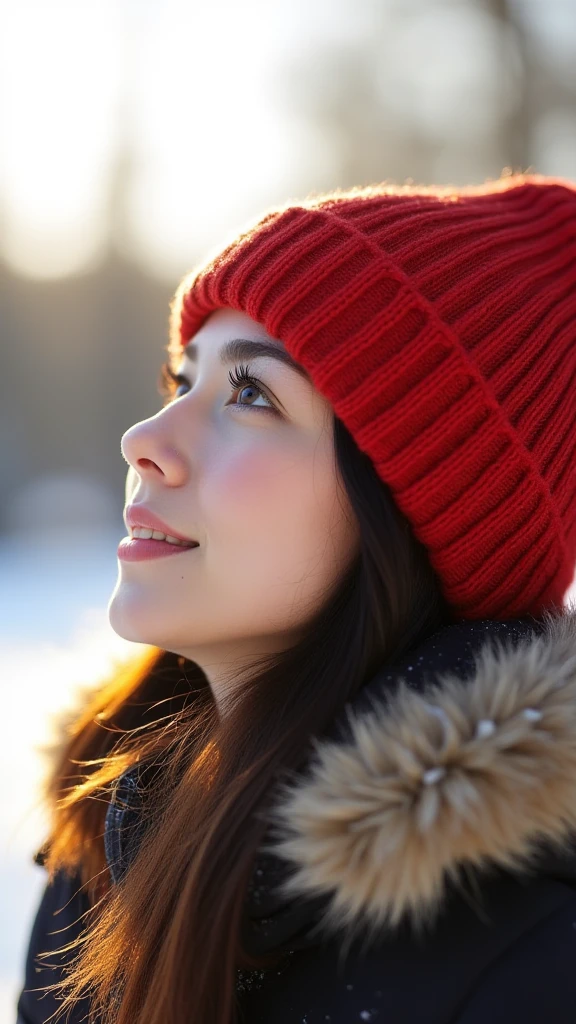 woman,side face,look up sky,light on face,snow,red woolen hat