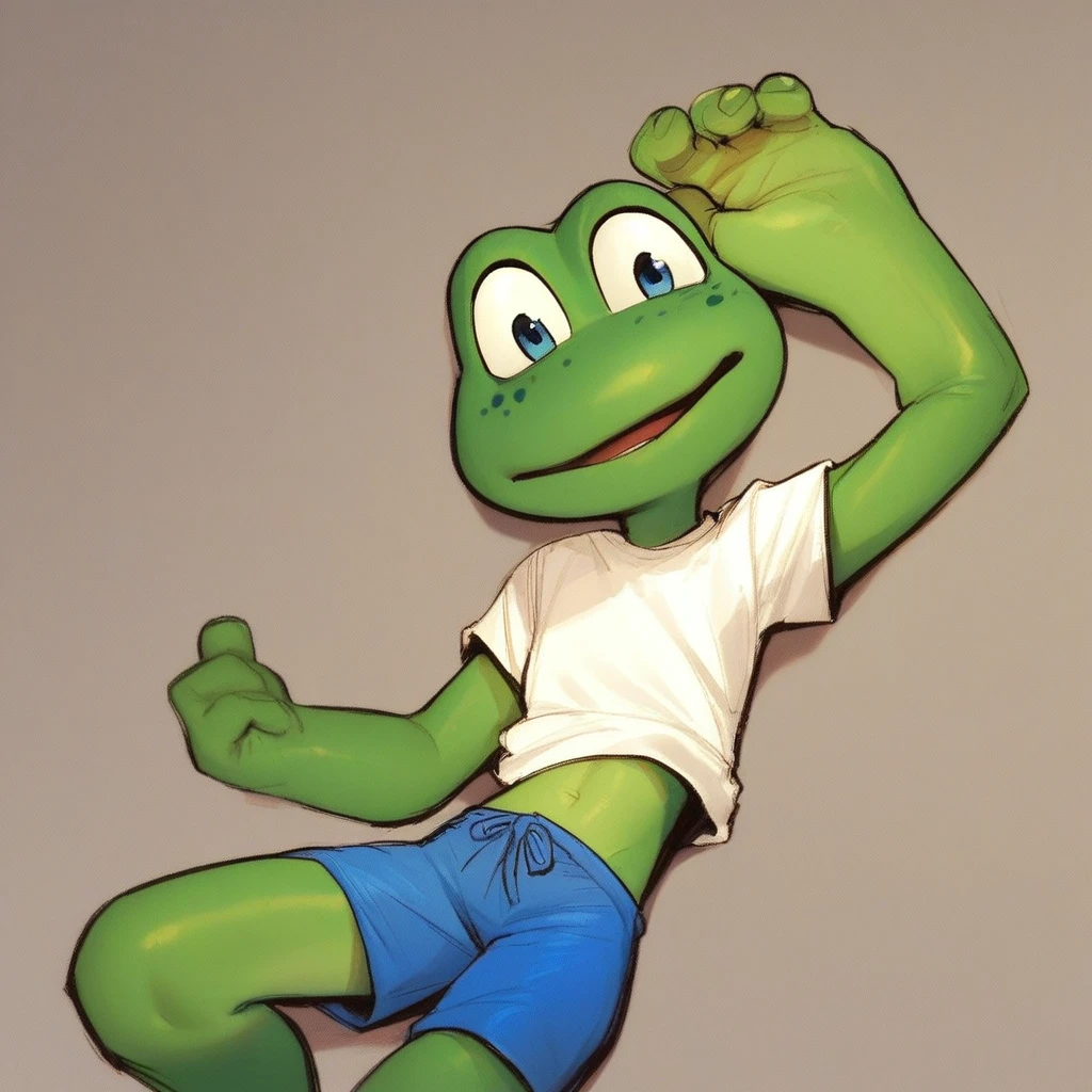 Frogger, anthro, frog, green skin, freckles, white shirt, blue shorts, laying down, score_9, score_8_up