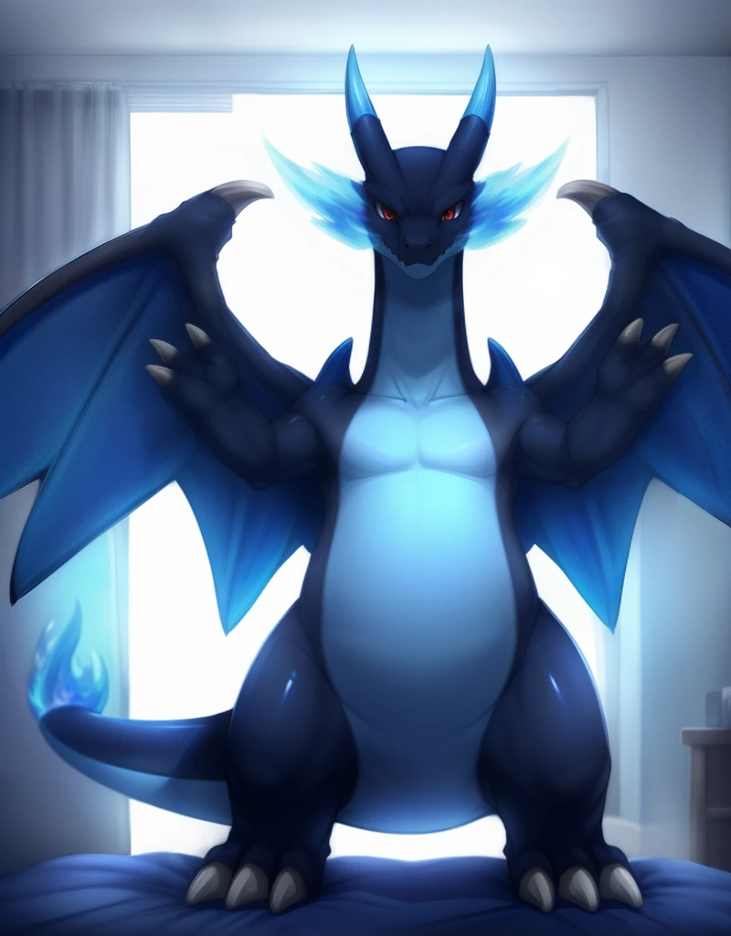 (((detailed eyes, detailed face))), (feral, normal megacharizardx <lora:character_charizard_pokken_megax_findigo_v2+1_normal:1>, black skin, blue belly, blue wings, claws, 3 fingers, shoulder horn, red eyes), male, (solo), (plump), (sfw), standing, (arms up), smile, (front view) BREAK (by bna_v5, by inkudoragoon, by kicktyan), bedroom, (flat shading, flat color, high brightness), 8k, UHD, masterpiece, (full body), (blue flame), (((wings)))