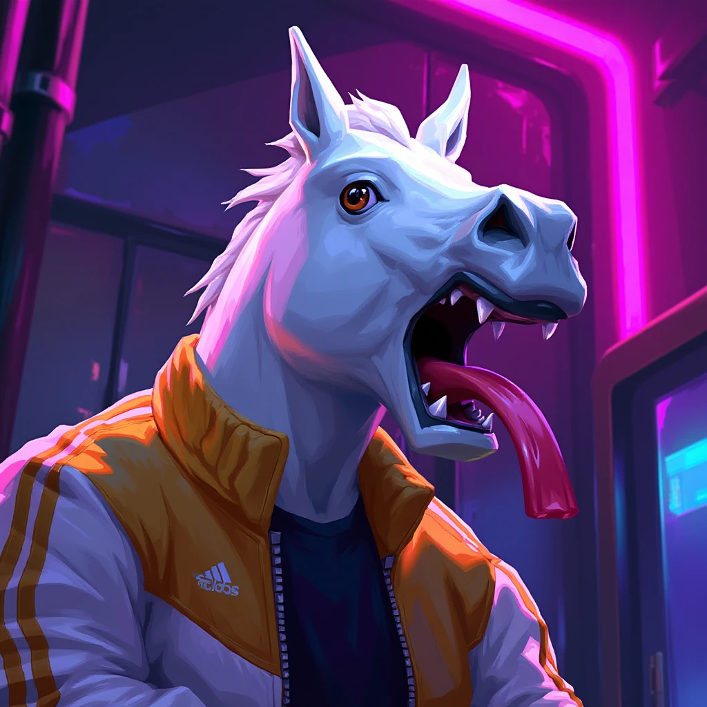 valorant style illustration of 1guy wearing a mask. white furry Horse mask, the horse is crazy with very open eyes, open mouth and tongue out, long tongue, insane horse. the guy is wearing a gold and white adidas style jacket. pink and blue neons, dark environment. dark shimmering concrete floor.