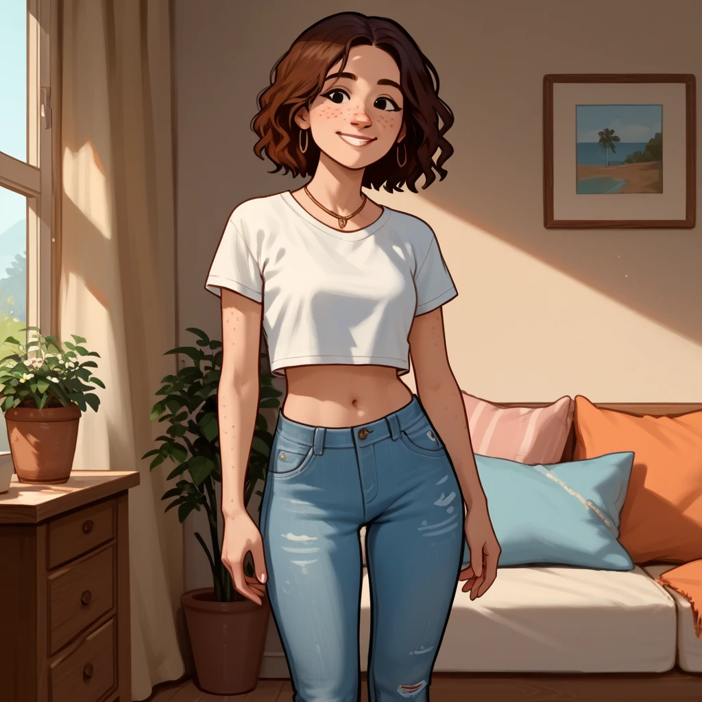 score_9, score_8_up, score_7_up, score_6_up, score_5_up,  1girl, solo, full body,
<lora:Delilah (Storybooth):0.9> Delilah_Storybooth, woman, smile, denim shorts, cutoff jeans, standing, navel, midriff, freckles,
indoors, black eyes,
<lora:Expressive_H:0.7> Expressiveh,
<lora:add-detail-xl:0.9>