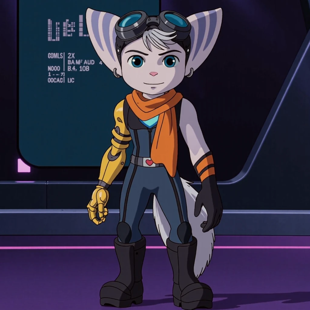 anime artwork Rivetka,3D render of Ratchet & Clank: Rift Apart, standing in a futuristic setting with a purple floor and dark blue walls. Ratchet has a confident expression, wearing a black and grey bodysuit with a bright orange scarf, and has a mechanical arm. He also has a pair of goggles on his head. The background includes a screen displaying data. The image has a smooth, polished look with vibrant colors. Lombax  <lora:rivetkajoy1024:0.8> <lora:aidmaHyperrealism:0.6> . anime style, key visual, vibrant, studio anime,  highly detailed