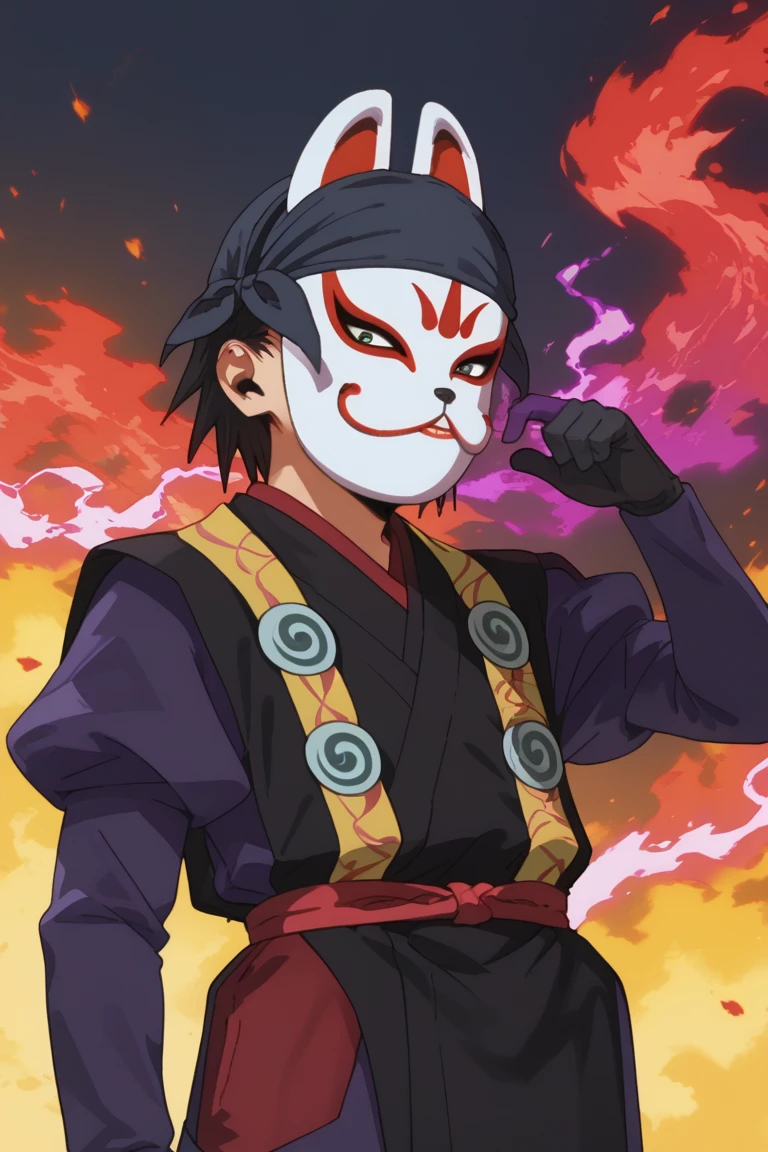 score_9, score_8_up, score_7_up, score_6_up, kazama genba, black hair, fox mask, japanese clothes, ninja, sash, juliet sleeves, purple shirt, bandana, official style, 1boy, male focus, solo, mask, gloves, smile, energy