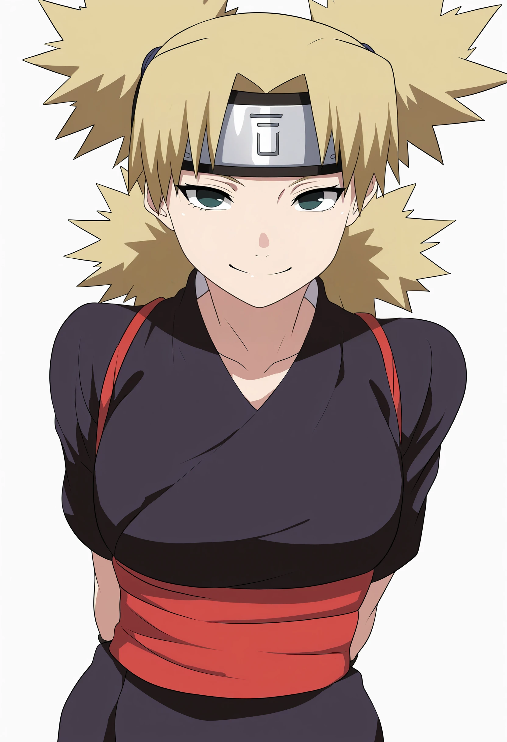 best quality, amazing quality, very aesthetic, absurdres,
1girl, temari, blonde hair,quad tails, dark green eyes,
forehead protector, black kimono, red sash, short sleeves,
arms behind back, solo, upper body, smile, looking at viewer, simple background, white background  <lora:TemariShippudenIllustriousXL_byKonan:1>