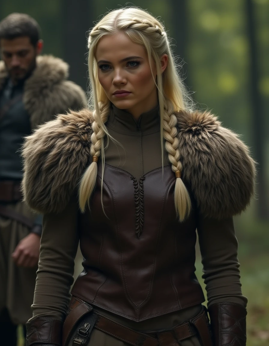 <lora:Freya_Allan_Flux_r1:1> This is an image of Cirilla of Cintra from the Netflix show The Witcher, blonde hair, braided, fur shoulders. tunic, pants.