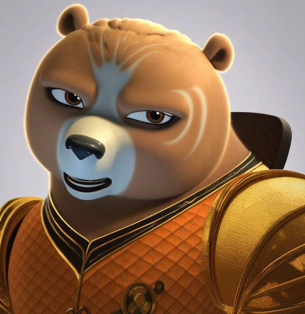 Wandering Blade, solo, 1 girl, Kung Fu Panda, Female Bear, perfect face and eyes, perfectly detailed, beautiful, Knight Armour, confident, simple background, face focus 