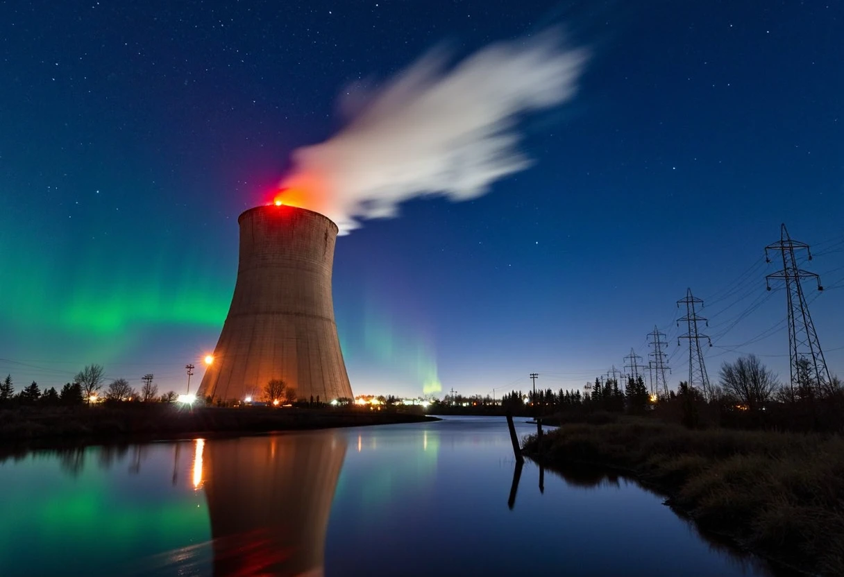 Cooling tower, nighttime, industrial setting, large cylindrical structure illuminated by orange lights, red warning lights at the top, steam billowing upwards, dark blue sky with lots of stars and aurora, reflection in still water below, surrounding industrial landscape, power lines and pylons to the right, scattered faintly lit buildings in the distance, clear and sharp image quality, long exposure, tranquility, calm atmosphere