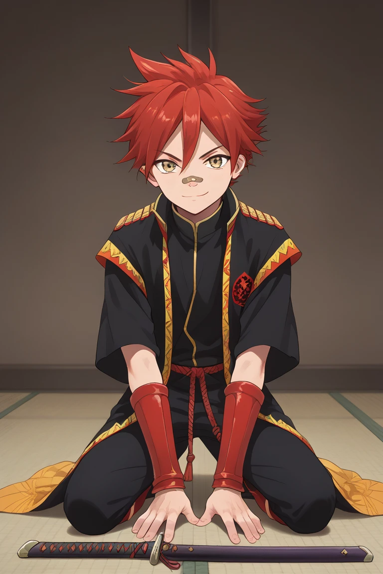 score_9, score_8_up, score_7_up, score_6_up, aizen kunitoshi, red hair, yellow eyes, bandai on nose, black jacket, yellow shirt, black pants, red footwear, 1boy, male focus, bandaid on face, bandaid on nose, weapon, bandaid, sword, solo, tantou, japanese armor, smile, sheathed, kote, kneeling, short sword, armor, sheath, looking at viewer, hanamaru style