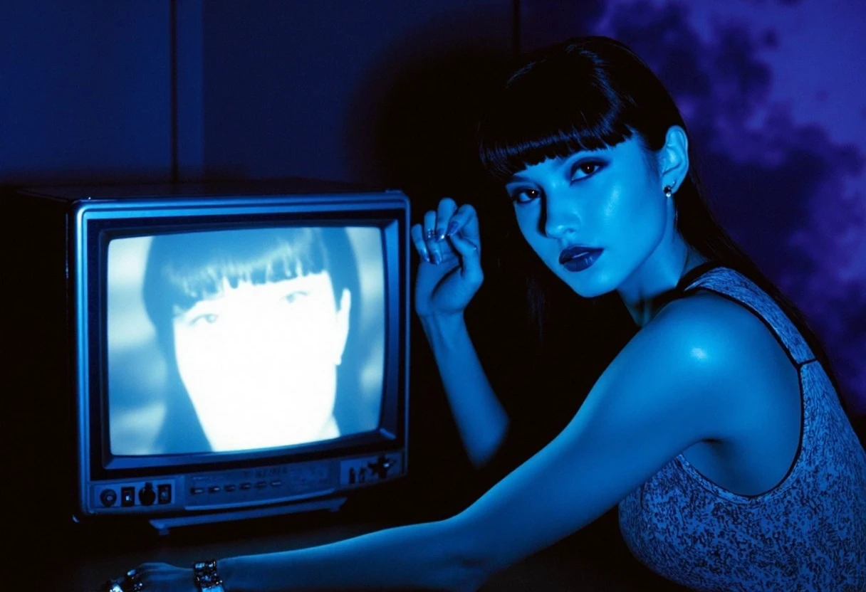 Young woman, early 20s, caucasian, sleek black hair with blunt bangs, wearing a patterned sleeveless top, dark eyeliner, glossy lipstick, multiple silver rings and ear piercings, poised with her left hand touching an old television screen displaying her face in monochrome, ambient blue lighting, shadows adding depth to her features, the background shows hints of purple light resembling a storm, image displays a surreal atmosphere, slightly blurred details, high contrast