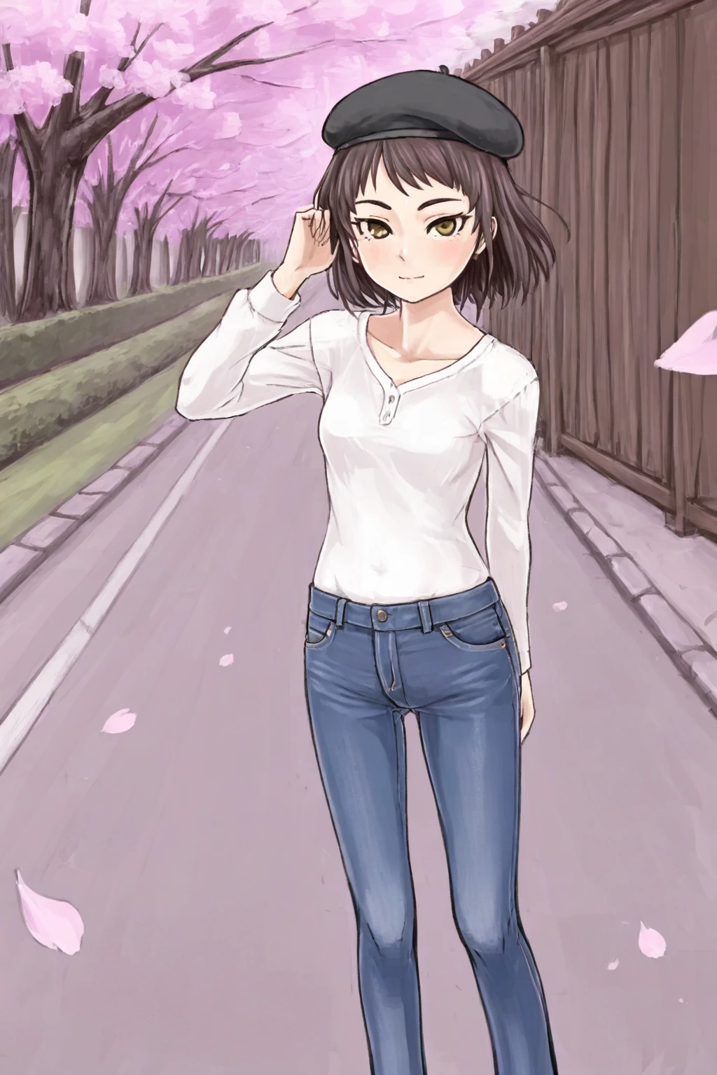 road,cherry blossoms,1girl,beret,white shirt,jeans     <lora:takanashi-wotori-style-IXL:1>