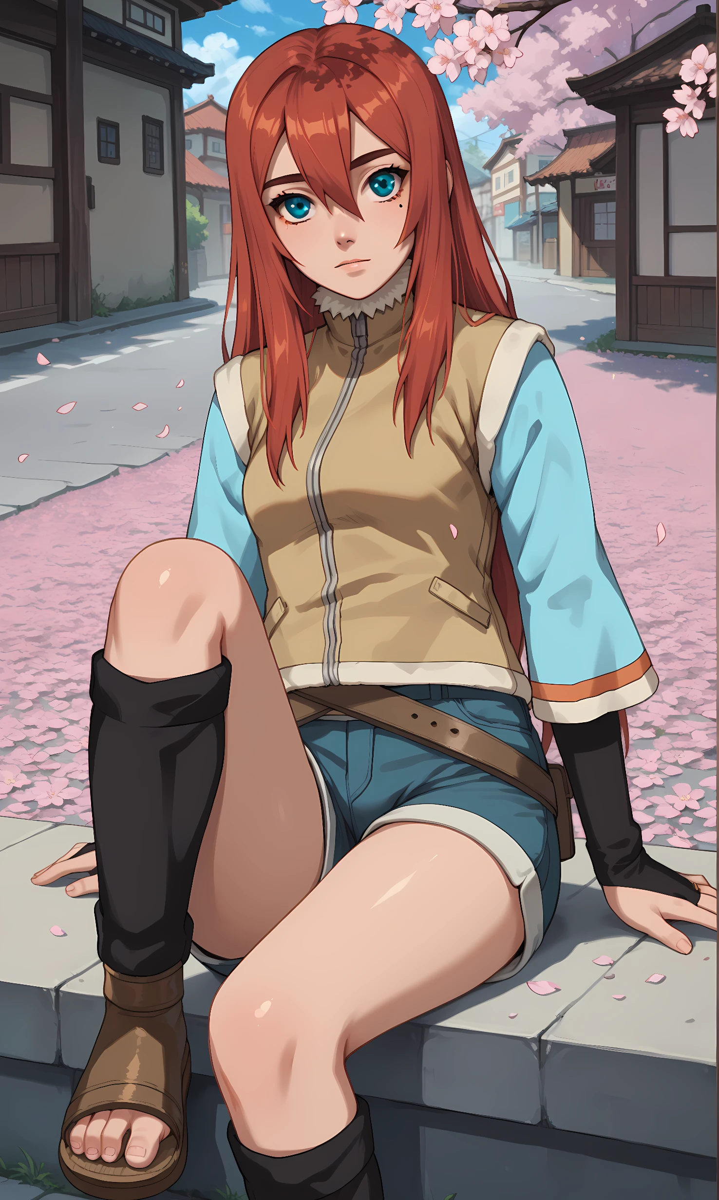 score_9, score_8_up, score_7_up, source_anime, 1girl, solo, outdoors, street, cherry blossoms, cowboy shot, knees up, sitting, looking at viewer, shiny skin, amaru, blue eyes, red hair, long hair, hair between eyes, mole, mole under eye, brown vest, blue shirt, wide sleeves, long sleeves, shorts, elbow gloves, bridal gauntlets, toeless legwear, sandals, shorts belt