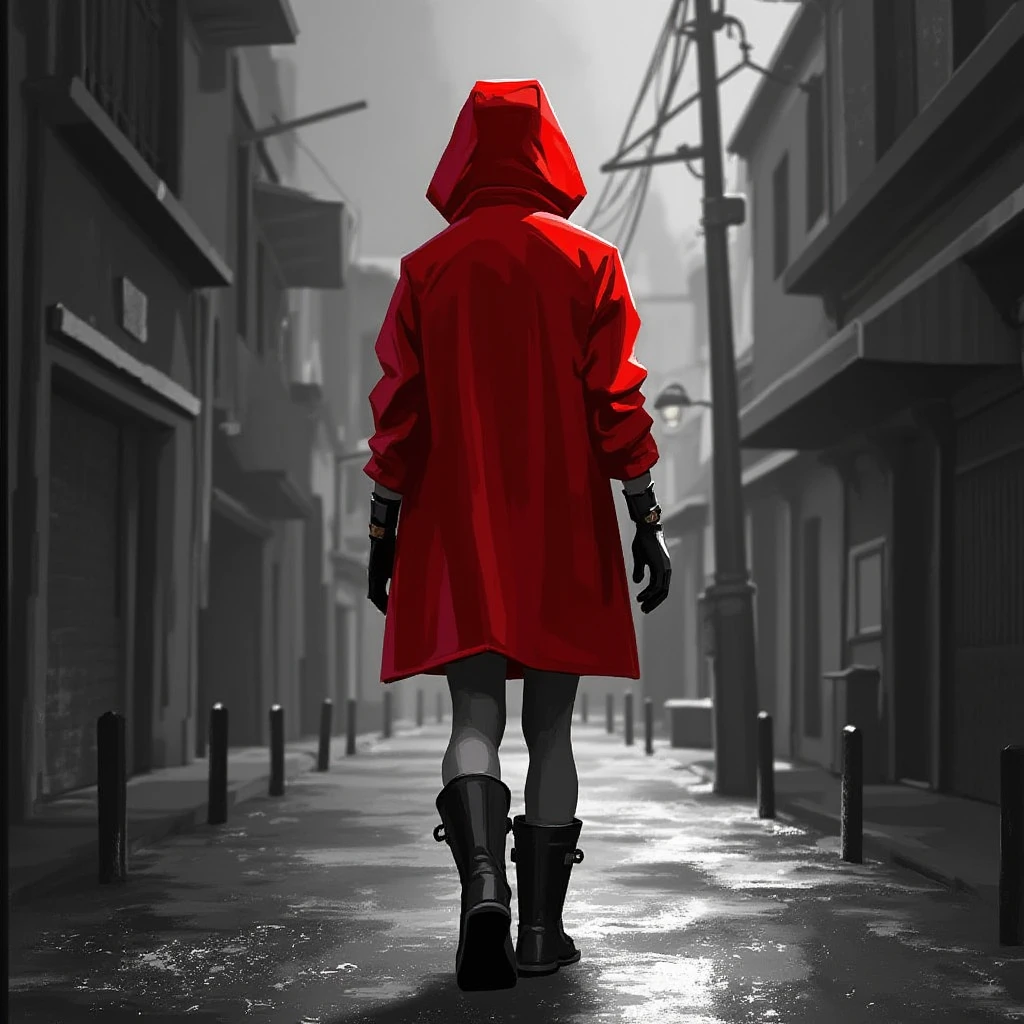 valorant style illustration of 1girl backwards, girl is wearing a red raincoat, with the hood up. girl wears black gumboots and black gloves. On a lonely street in a rainy dark day. Water puddles on the floor. ((greyscale with intense red)).", "t5xxl": "valorant style illustration of 1girl backwards, girl is wearing a red raincoat, with the hood up. girl wears black gumboots and black gloves. On a lonely street in a rainy dark day. Water puddles on the floor. ((greyscale with intense red)).