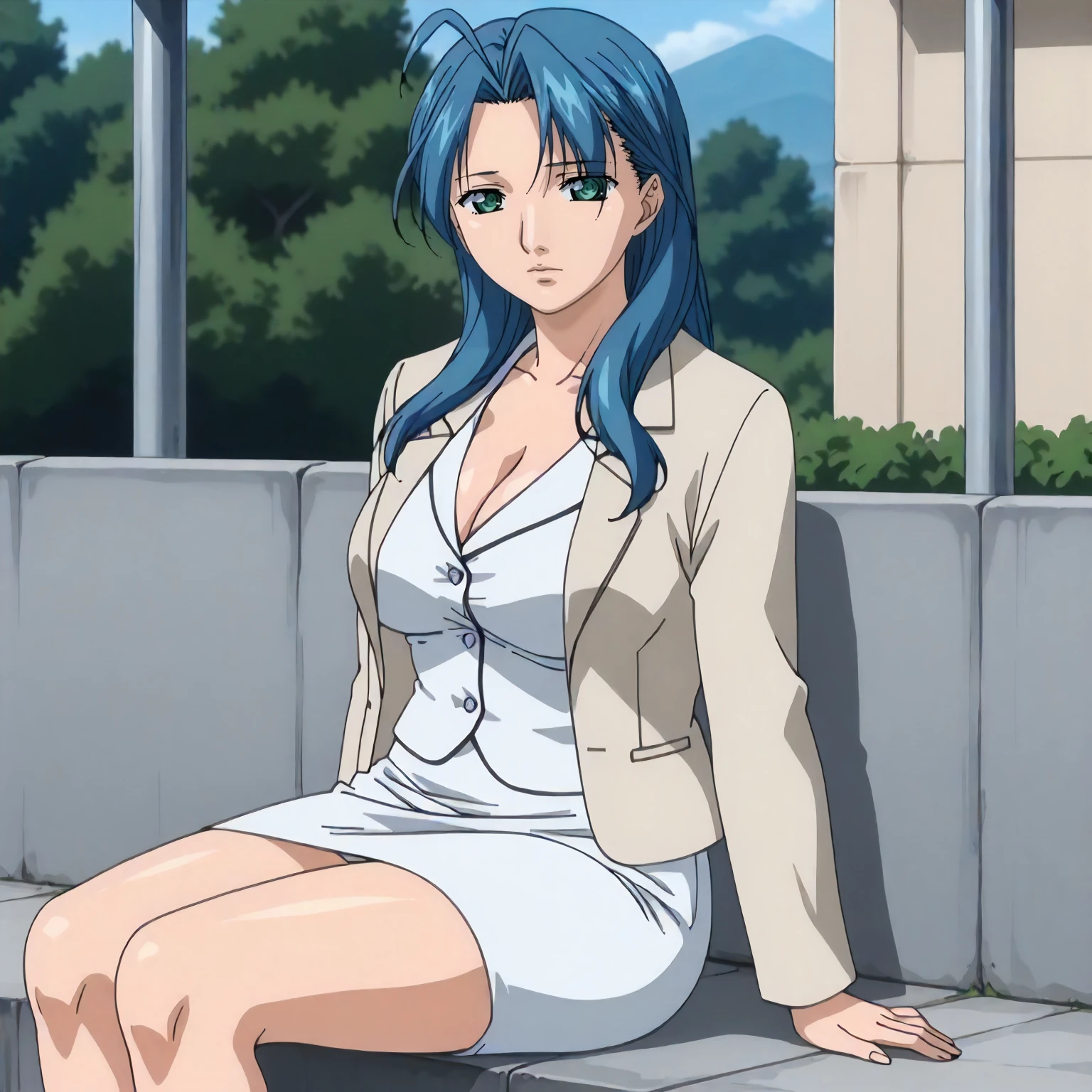 <lora:GSE_SayakaXLpony001>,
outdoors,
solo,
Sayaka,1girl,mature female,blue hair,long hair,green eyes,
skirt_suit,jacket,white shirt,collarbonea,cleavage,
white skirt,miniskirt,
bare legs,
sitting,