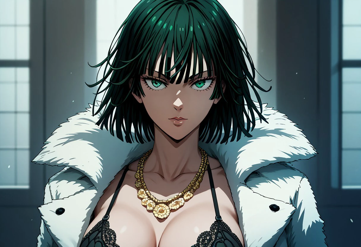 score_9, score_8_up, score_8, score_7_up, score_7, score_6_up, score_6, score_5_up, Score_5, rating_questionable, , 1girl, fubuki ,beautiful face, intricate details, big , gold necklace, black lingerie ,  white fur coat ,beautiful face , intricate details, fubuki , pose, intricate details , one punch man , close up