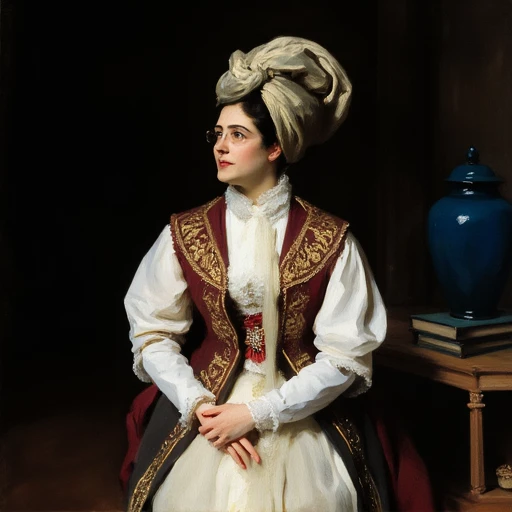 a portrait of a young woman sitting on a bench. She is wearing a white dress with gold embroidery and a large turban on her head. The woman is holding a mandolin in her hands and is looking off to the side with a serious expression on her face. The background is dark and there is a blue vase on the right side of the image. The painting is done in a realistic style with loose brushstrokes and vibrant colors. 1girl, with a high neckline and long sleeves. The bodice of the dress is made of a red fabric with a white ribbon tied around the waist. The skirt is white and has a ruffled texture. The woman is standing with her hands clasped in front of her, hat, a long black coat, 3girls, print_dress, violin, with dark hair and glasses. She has a serious expression on her face, closed_mouth, nude, own_hands_together, and is holding a cane in his right hand. His left hand is resting on his hip and his right arm is stretched out to the side. He has a serious expression on his face and is looking directly at the camera. The man appears to be in his late twenties or early thirties. The room is dimly lit, looking_at_viewer, a painting of a woman in a graceful pose. She is wearing a black top and a white skirt that is flowing in the wind. The woman's hair is styled in a bun and she is holding a black feather boa in her right hand. Her left arm is stretched out to the side and her right arm is bent at the elbow. The background is a dark brown color, rose, a portrait of a man's face, watercolor_(medium)