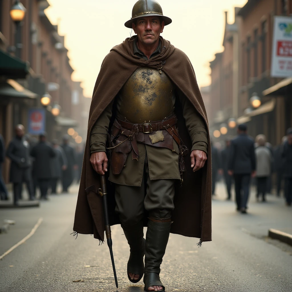 Imagine an image in the style of cinematic photorealism: A grizzled, slim, lanky, middle-aged man walks through the quiet streets at dawn, wearing a worn Ankh-Morpork City Watch uniform and brown cloak, with a dented metal breastplate. His kettle helmet sits crooked on his head, and his unshaven face reflects the wear of a sleepless night. His sharp eyes scan the empty, foggy street, while his boots, with toes exposed, are caked in dirt. The faint light of the rising sun casts long shadows, barely illuminating the worn buildings around him. His tired expression shows both vigilance and exhaustion, as he grips his truncheon in one hand.