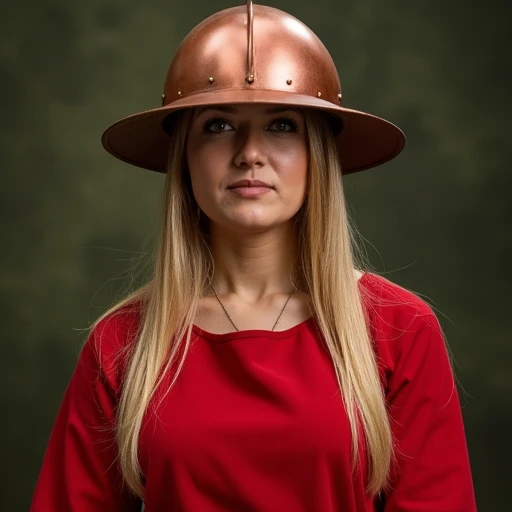 a woman in a red dress with long blonde hair wearing a copper colored medieval kettle helmet